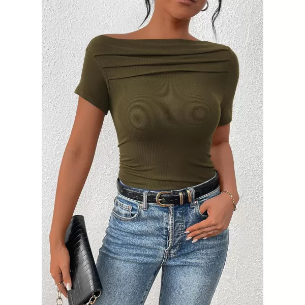 imagePRETTYGARDEN Womens Summer Trendy Y2K Crop Top Tee Casual Short Sleeve Asymmetrical Fitted Going Out T ShirtsArmy Green