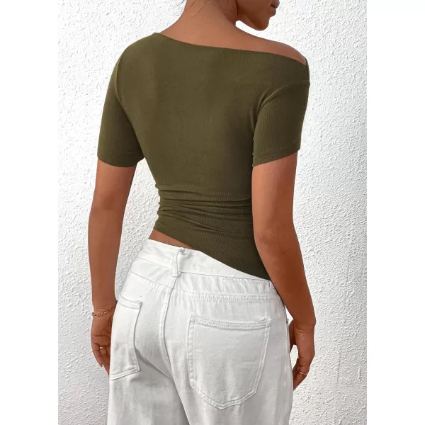 imagePRETTYGARDEN Womens Summer Trendy Y2K Crop Top Tee Casual Short Sleeve Asymmetrical Fitted Going Out T ShirtsArmy Green
