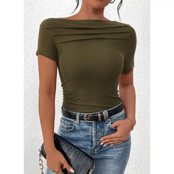 imagePRETTYGARDEN Womens Summer Trendy Y2K Crop Top Tee Casual Short Sleeve Asymmetrical Fitted Going Out T ShirtsArmy Green
