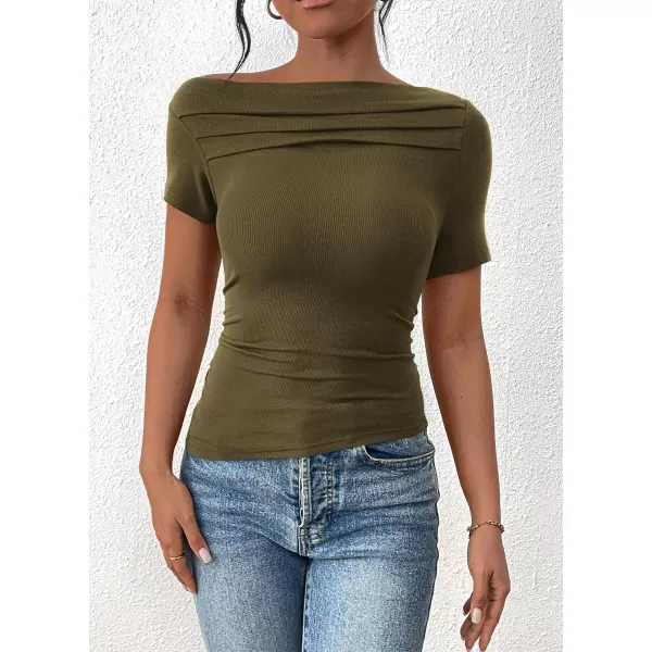 imagePRETTYGARDEN Womens Summer Trendy Y2K Crop Top Tee Casual Short Sleeve Asymmetrical Fitted Going Out T ShirtsArmy Green