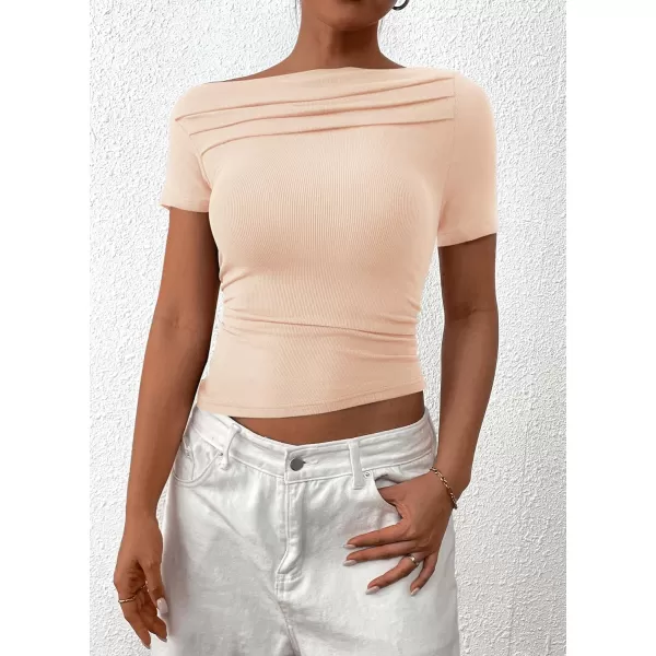 imagePRETTYGARDEN Womens Summer Trendy Y2K Crop Top Tee Casual Short Sleeve Asymmetrical Fitted Going Out T ShirtsBeige