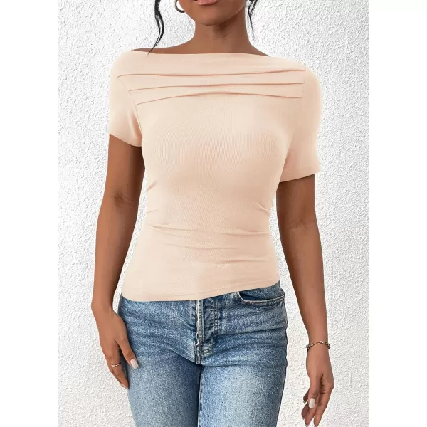 imagePRETTYGARDEN Womens Summer Trendy Y2K Crop Top Tee Casual Short Sleeve Asymmetrical Fitted Going Out T ShirtsBeige