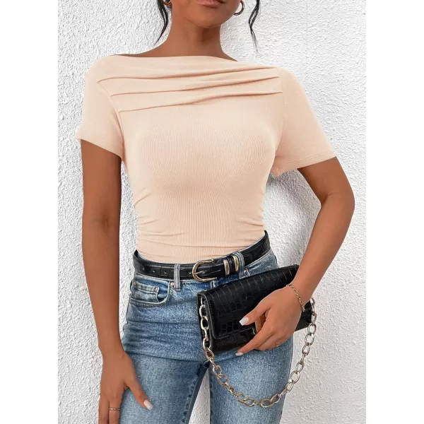 imagePRETTYGARDEN Womens Summer Trendy Y2K Crop Top Tee Casual Short Sleeve Asymmetrical Fitted Going Out T ShirtsBeige