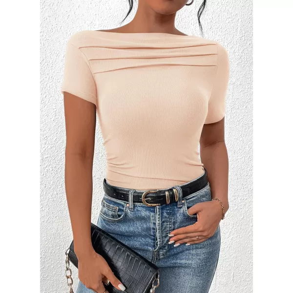 imagePRETTYGARDEN Womens Summer Trendy Y2K Crop Top Tee Casual Short Sleeve Asymmetrical Fitted Going Out T ShirtsBeige