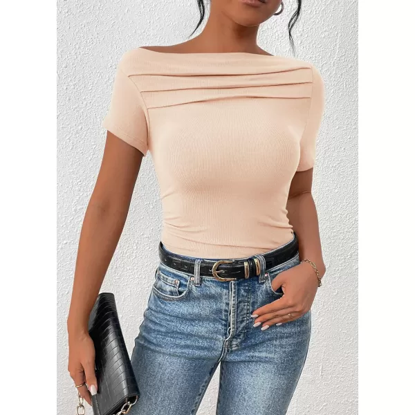imagePRETTYGARDEN Womens Summer Trendy Y2K Crop Top Tee Casual Short Sleeve Asymmetrical Fitted Going Out T ShirtsBeige