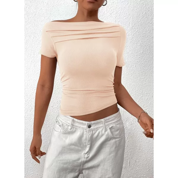 imagePRETTYGARDEN Womens Summer Trendy Y2K Crop Top Tee Casual Short Sleeve Asymmetrical Fitted Going Out T ShirtsBeige