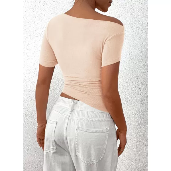 imagePRETTYGARDEN Womens Summer Trendy Y2K Crop Top Tee Casual Short Sleeve Asymmetrical Fitted Going Out T ShirtsBeige