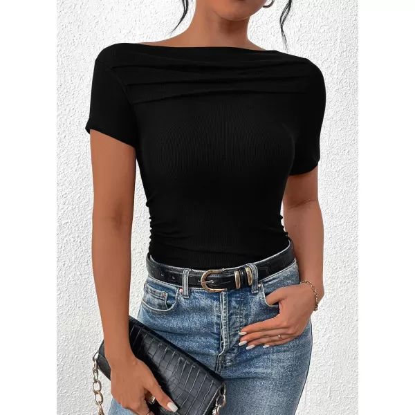 imagePRETTYGARDEN Womens Summer Trendy Y2K Crop Top Tee Casual Short Sleeve Asymmetrical Fitted Going Out T ShirtsBlack