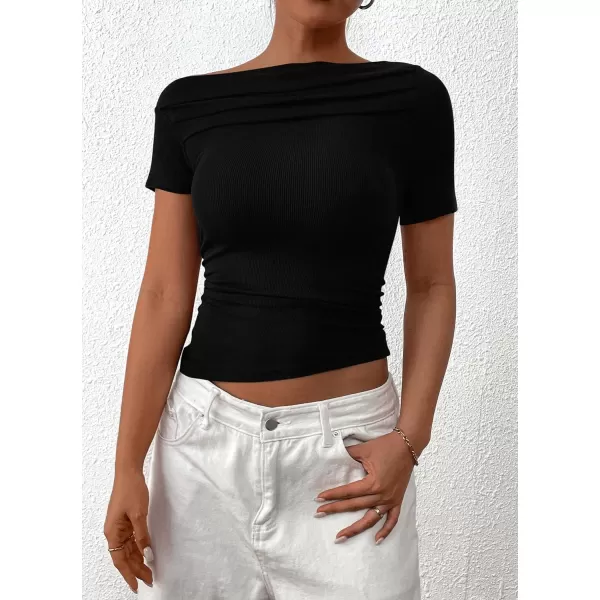 imagePRETTYGARDEN Womens Summer Trendy Y2K Crop Top Tee Casual Short Sleeve Asymmetrical Fitted Going Out T ShirtsBlack