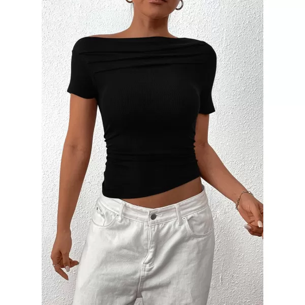 imagePRETTYGARDEN Womens Summer Trendy Y2K Crop Top Tee Casual Short Sleeve Asymmetrical Fitted Going Out T ShirtsBlack