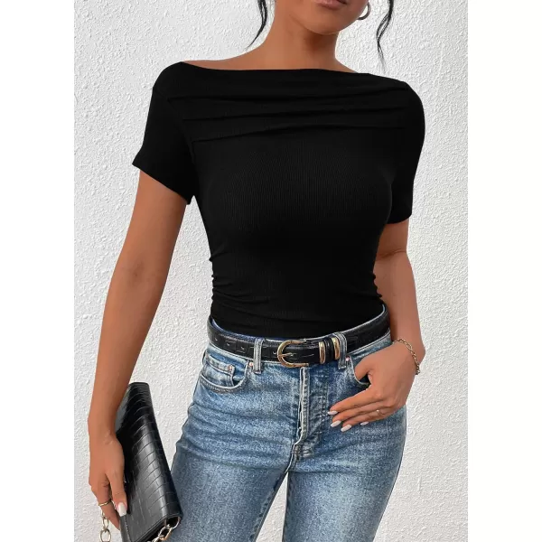 imagePRETTYGARDEN Womens Summer Trendy Y2K Crop Top Tee Casual Short Sleeve Asymmetrical Fitted Going Out T ShirtsBlack