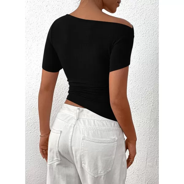 imagePRETTYGARDEN Womens Summer Trendy Y2K Crop Top Tee Casual Short Sleeve Asymmetrical Fitted Going Out T ShirtsBlack
