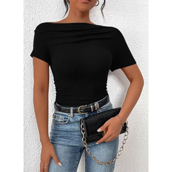 imagePRETTYGARDEN Womens Summer Trendy Y2K Crop Top Tee Casual Short Sleeve Asymmetrical Fitted Going Out T ShirtsBlack