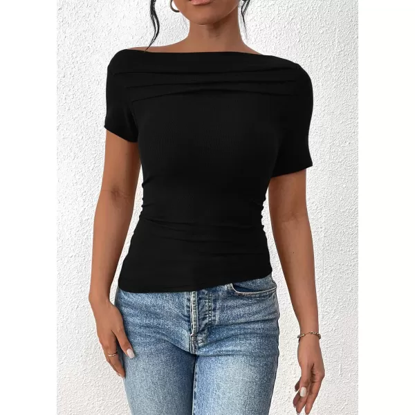 imagePRETTYGARDEN Womens Summer Trendy Y2K Crop Top Tee Casual Short Sleeve Asymmetrical Fitted Going Out T ShirtsBlack