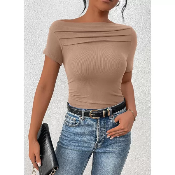 imagePRETTYGARDEN Womens Summer Trendy Y2K Crop Top Tee Casual Short Sleeve Asymmetrical Fitted Going Out T ShirtsCamel