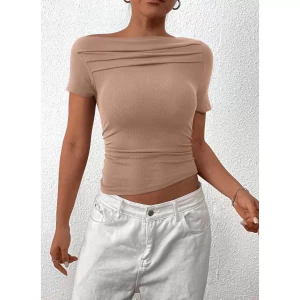 imagePRETTYGARDEN Womens Summer Trendy Y2K Crop Top Tee Casual Short Sleeve Asymmetrical Fitted Going Out T ShirtsCamel