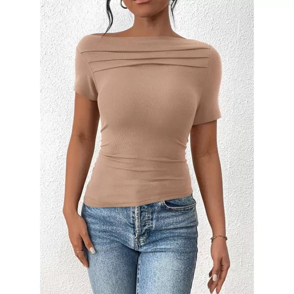 imagePRETTYGARDEN Womens Summer Trendy Y2K Crop Top Tee Casual Short Sleeve Asymmetrical Fitted Going Out T ShirtsCamel