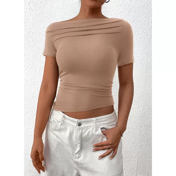 imagePRETTYGARDEN Womens Summer Trendy Y2K Crop Top Tee Casual Short Sleeve Asymmetrical Fitted Going Out T ShirtsCamel