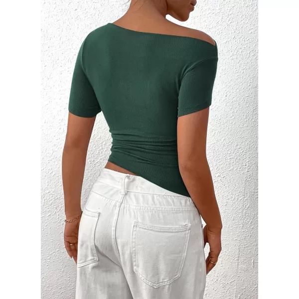 imagePRETTYGARDEN Womens Summer Trendy Y2K Crop Top Tee Casual Short Sleeve Asymmetrical Fitted Going Out T ShirtsDark Green