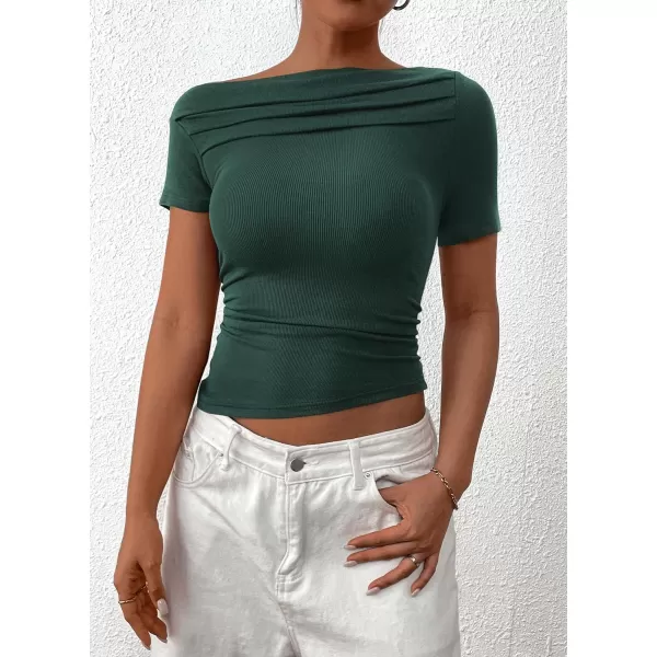 imagePRETTYGARDEN Womens Summer Trendy Y2K Crop Top Tee Casual Short Sleeve Asymmetrical Fitted Going Out T ShirtsDark Green