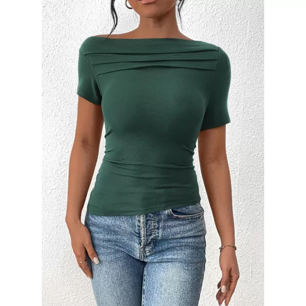 imagePRETTYGARDEN Womens Summer Trendy Y2K Crop Top Tee Casual Short Sleeve Asymmetrical Fitted Going Out T ShirtsDark Green