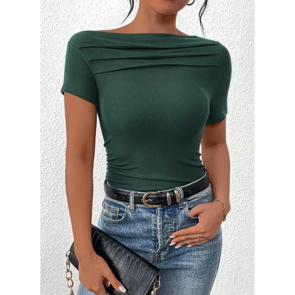 imagePRETTYGARDEN Womens Summer Trendy Y2K Crop Top Tee Casual Short Sleeve Asymmetrical Fitted Going Out T ShirtsDark Green
