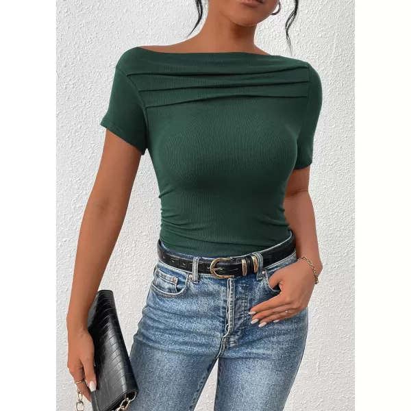 imagePRETTYGARDEN Womens Summer Trendy Y2K Crop Top Tee Casual Short Sleeve Asymmetrical Fitted Going Out T ShirtsDark Green