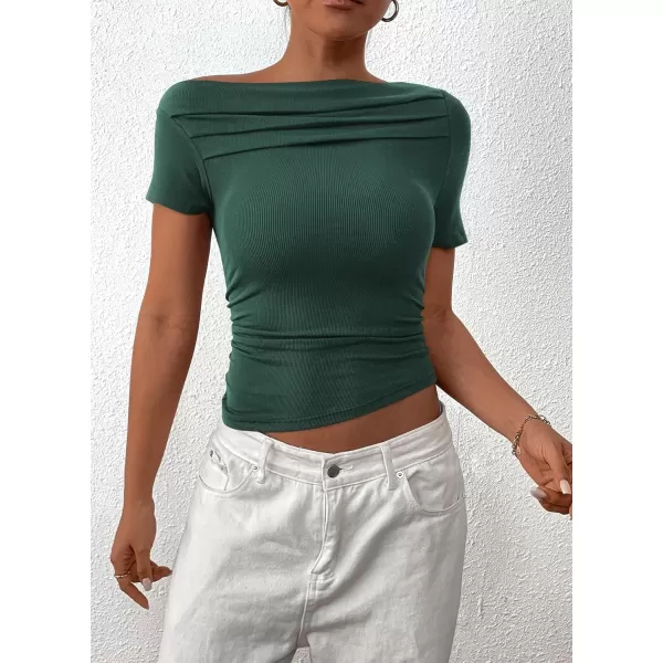 imagePRETTYGARDEN Womens Summer Trendy Y2K Crop Top Tee Casual Short Sleeve Asymmetrical Fitted Going Out T ShirtsDark Green