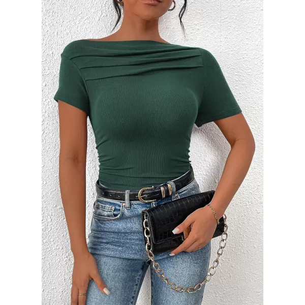 imagePRETTYGARDEN Womens Summer Trendy Y2K Crop Top Tee Casual Short Sleeve Asymmetrical Fitted Going Out T ShirtsDark Green
