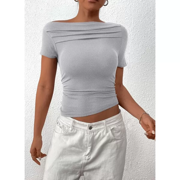 imagePRETTYGARDEN Womens Summer Trendy Y2K Crop Top Tee Casual Short Sleeve Asymmetrical Fitted Going Out T ShirtsGrey