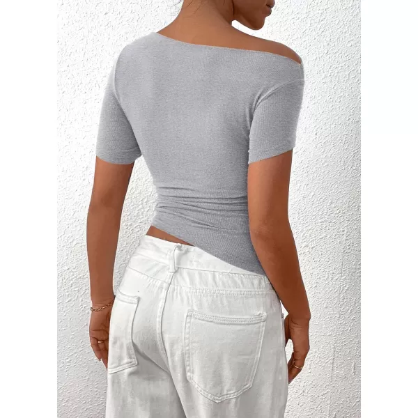 imagePRETTYGARDEN Womens Summer Trendy Y2K Crop Top Tee Casual Short Sleeve Asymmetrical Fitted Going Out T ShirtsGrey