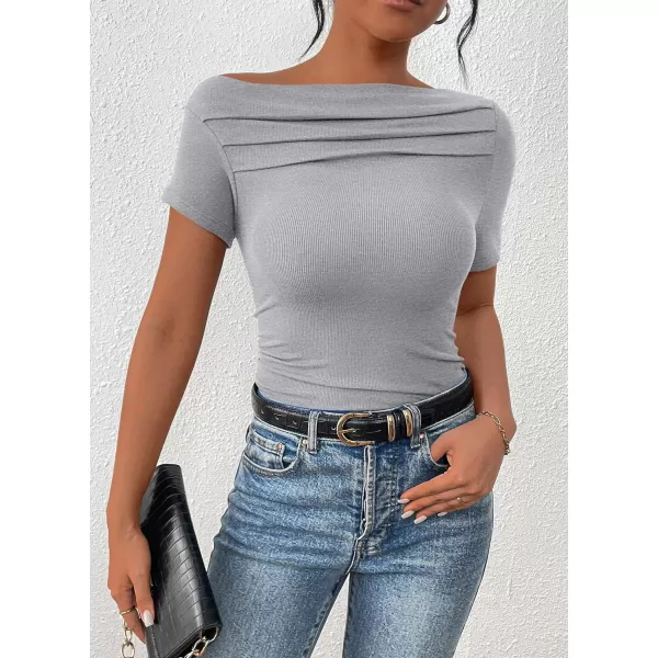 imagePRETTYGARDEN Womens Summer Trendy Y2K Crop Top Tee Casual Short Sleeve Asymmetrical Fitted Going Out T ShirtsGrey