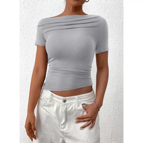 imagePRETTYGARDEN Womens Summer Trendy Y2K Crop Top Tee Casual Short Sleeve Asymmetrical Fitted Going Out T ShirtsGrey