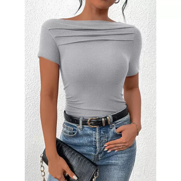 imagePRETTYGARDEN Womens Summer Trendy Y2K Crop Top Tee Casual Short Sleeve Asymmetrical Fitted Going Out T ShirtsGrey