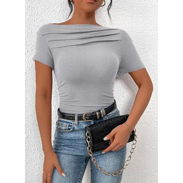 imagePRETTYGARDEN Womens Summer Trendy Y2K Crop Top Tee Casual Short Sleeve Asymmetrical Fitted Going Out T ShirtsGrey