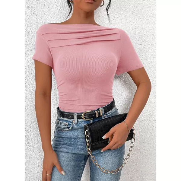 imagePRETTYGARDEN Womens Summer Trendy Y2K Crop Top Tee Casual Short Sleeve Asymmetrical Fitted Going Out T ShirtsPink