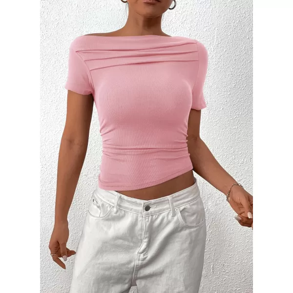 imagePRETTYGARDEN Womens Summer Trendy Y2K Crop Top Tee Casual Short Sleeve Asymmetrical Fitted Going Out T ShirtsPink