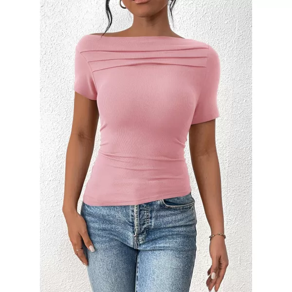 imagePRETTYGARDEN Womens Summer Trendy Y2K Crop Top Tee Casual Short Sleeve Asymmetrical Fitted Going Out T ShirtsPink
