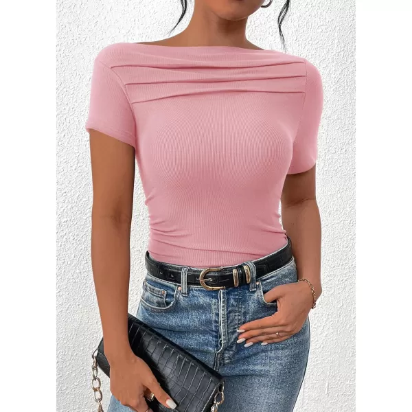 imagePRETTYGARDEN Womens Summer Trendy Y2K Crop Top Tee Casual Short Sleeve Asymmetrical Fitted Going Out T ShirtsPink