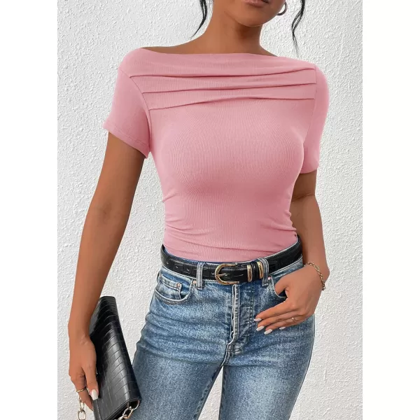 imagePRETTYGARDEN Womens Summer Trendy Y2K Crop Top Tee Casual Short Sleeve Asymmetrical Fitted Going Out T ShirtsPink