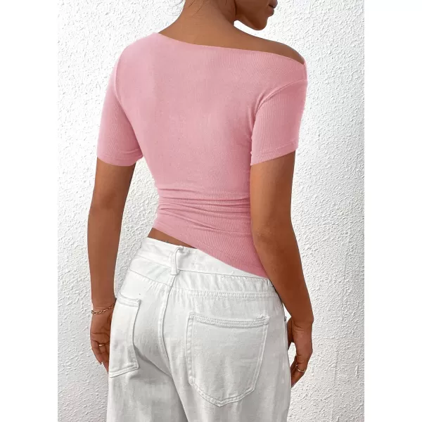 imagePRETTYGARDEN Womens Summer Trendy Y2K Crop Top Tee Casual Short Sleeve Asymmetrical Fitted Going Out T ShirtsPink