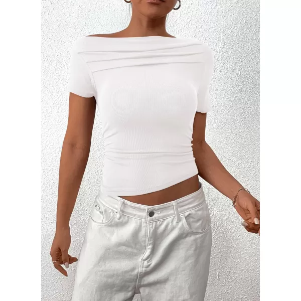 imagePRETTYGARDEN Womens Summer Trendy Y2K Crop Top Tee Casual Short Sleeve Asymmetrical Fitted Going Out T ShirtsWhite