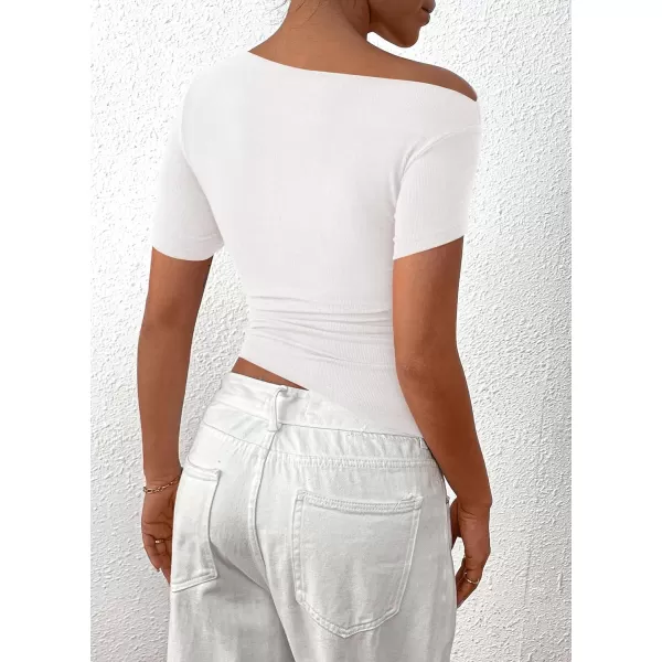 imagePRETTYGARDEN Womens Summer Trendy Y2K Crop Top Tee Casual Short Sleeve Asymmetrical Fitted Going Out T ShirtsWhite