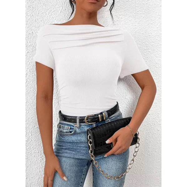 imagePRETTYGARDEN Womens Summer Trendy Y2K Crop Top Tee Casual Short Sleeve Asymmetrical Fitted Going Out T ShirtsWhite