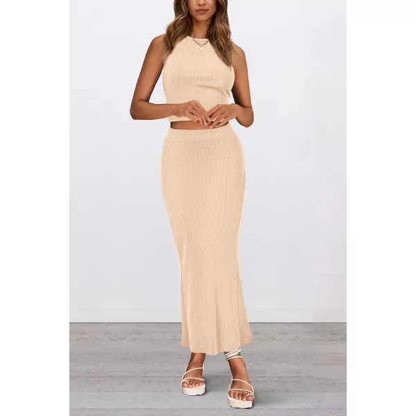 imagePRETTYGARDEN Womens Summer Two Piece Outfits Ribbed Crewneck Sleeveless Cropped Tank Tops and Bodycon Midi Skirt Matching SetApricot