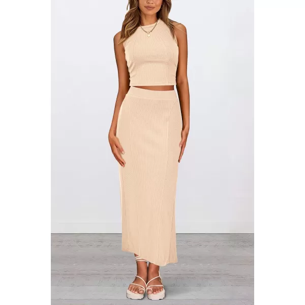 imagePRETTYGARDEN Womens Summer Two Piece Outfits Ribbed Crewneck Sleeveless Cropped Tank Tops and Bodycon Midi Skirt Matching SetApricot
