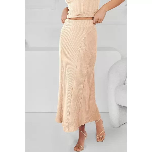 imagePRETTYGARDEN Womens Summer Two Piece Outfits Ribbed Crewneck Sleeveless Cropped Tank Tops and Bodycon Midi Skirt Matching SetApricot
