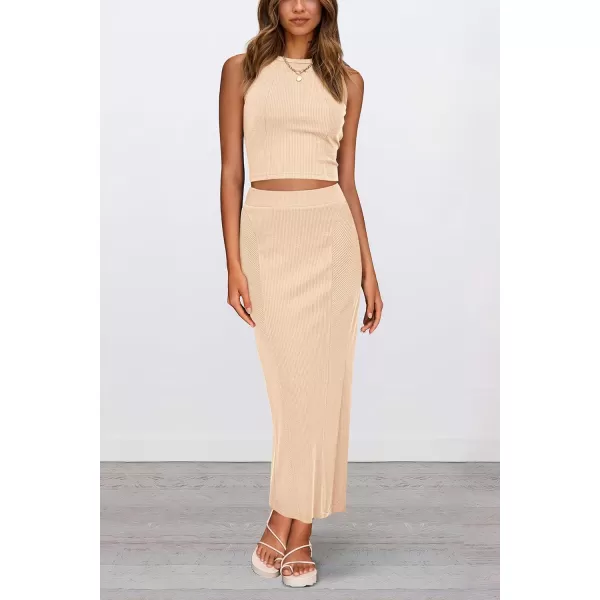 imagePRETTYGARDEN Womens Summer Two Piece Outfits Ribbed Crewneck Sleeveless Cropped Tank Tops and Bodycon Midi Skirt Matching SetApricot