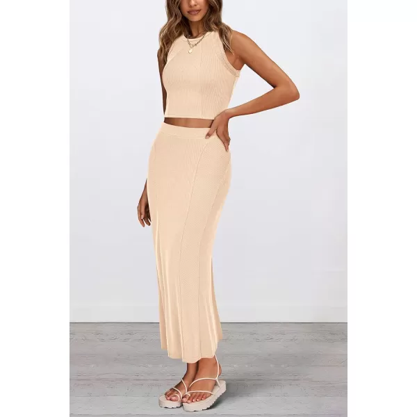 imagePRETTYGARDEN Womens Summer Two Piece Outfits Ribbed Crewneck Sleeveless Cropped Tank Tops and Bodycon Midi Skirt Matching SetApricot