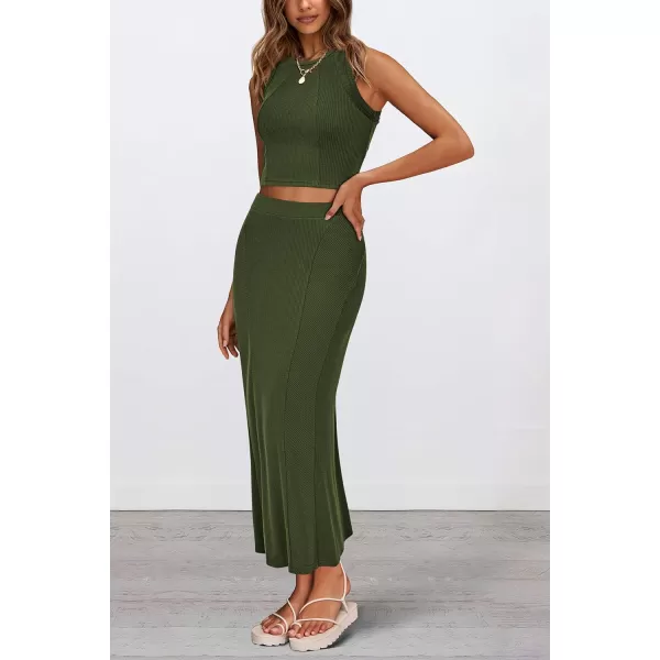 imagePRETTYGARDEN Womens Summer Two Piece Outfits Ribbed Crewneck Sleeveless Cropped Tank Tops and Bodycon Midi Skirt Matching SetArmy Green